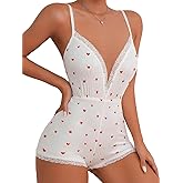 RoseSeek Women's Sexy Heart Print V Neck Shorts Sleeveless One Piece Pajama Romper Onesie Bodycon Cami Sleepwear Overall