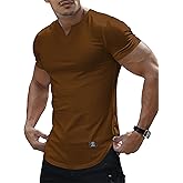 PLEPAN Mens Muscle T Shirts V Neck Short Sleeve Henley Shirt Hipster Longline Gym Workout Athletic Tee Shirts