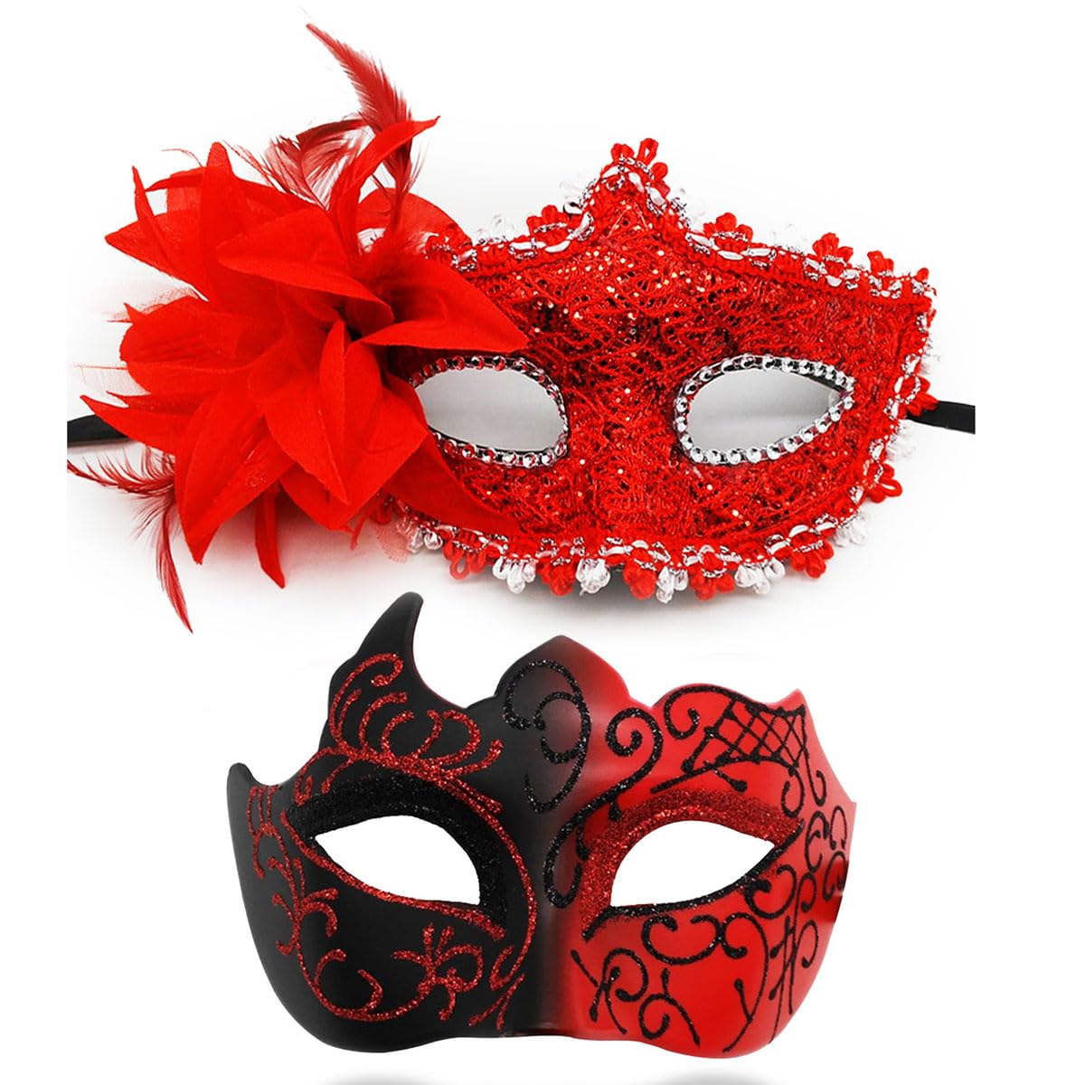 View 1 of ***PARTIAL SET RED MASK ONLY*** Masquerade Mask for Women Men Couple Venetian Mask Shinny Eye Masks for Halloween Costume Mardi Gras Party Ball (Red)