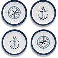 Tar Hong Set Di 6 Piatti Piani In Melamina Nautical Anchor - 26,7 Cm, Infrangibili, Blu Navy E Bianco, Lavastoviglie
