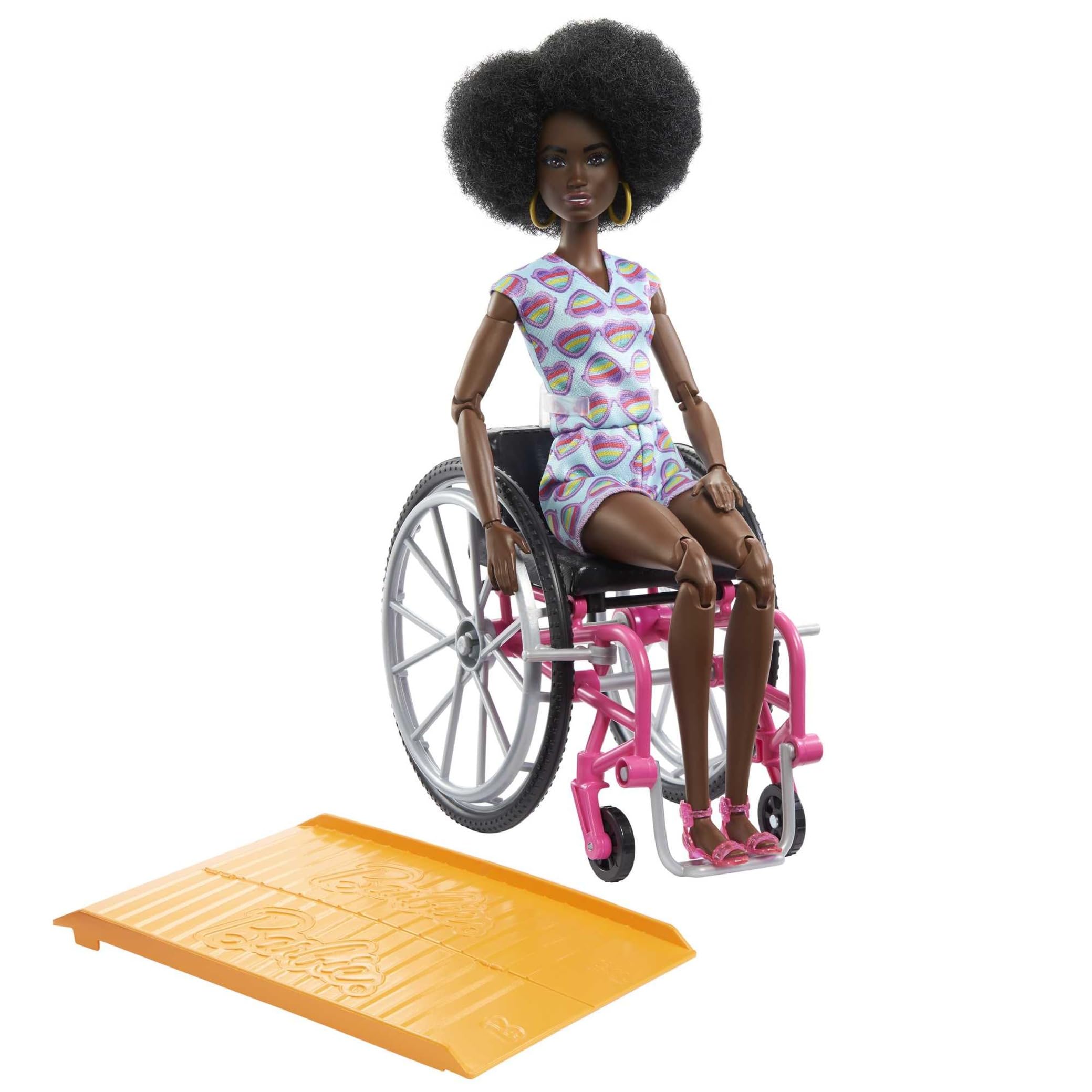 Barbie Doll with Wheelchair and Ramp, Kids Toys, Barbie Fashionistas, Curly Black Hair, Rainbow Heart Romper, Clothes and Accessories​, HJT14