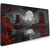 Japanese Mouse Pad XXL 35.4 X 15.7 Inch Black Red Design Style Extended Large Gaming Mousepad Keyboard Full Desk Mat Non-Slip Rubber Base Stitched Edges for Home Office
