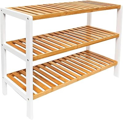 1ABOVE Bamboo Shoe Rack 3 Tier White Natural Plant Rack for Small Spaces