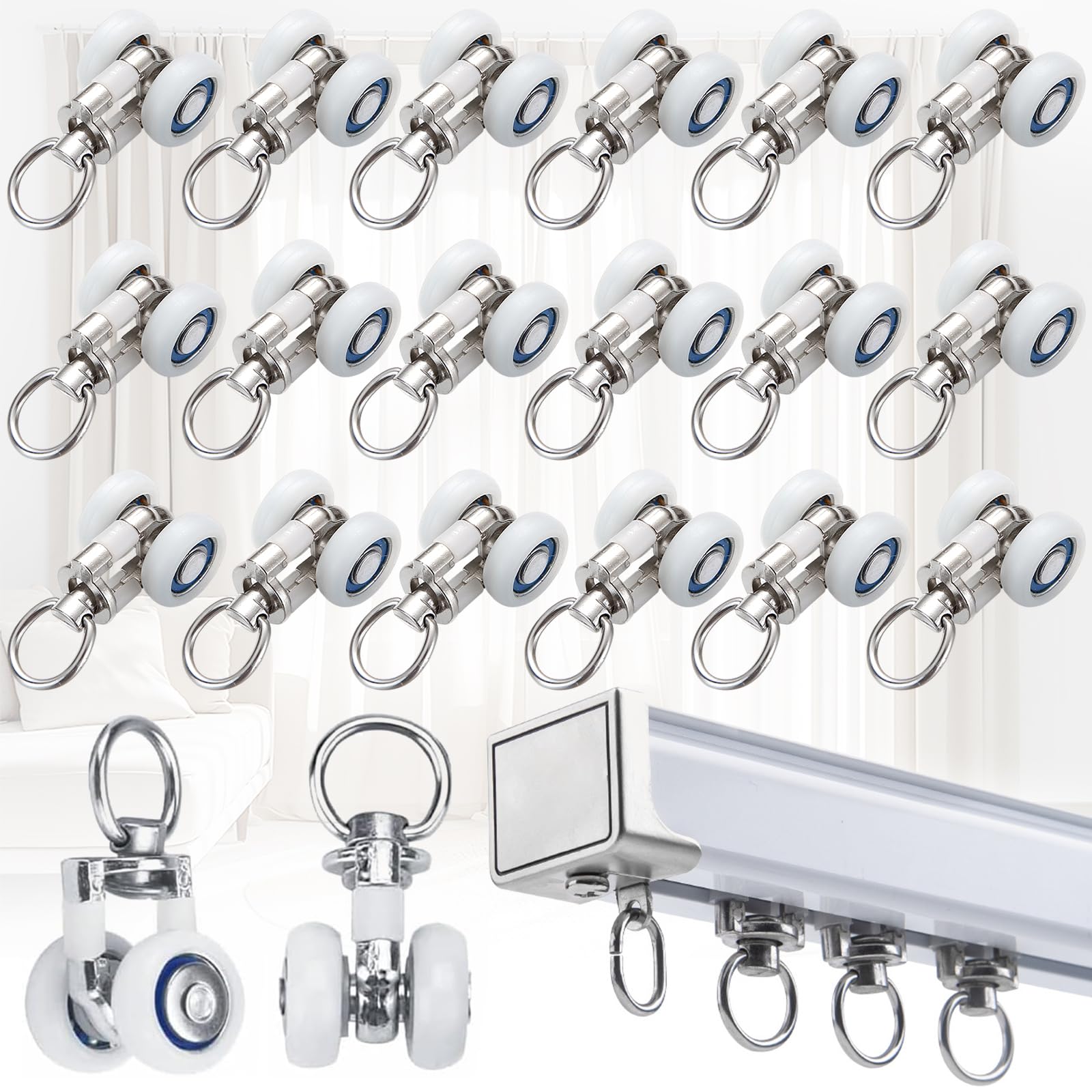 PhoenixDN Pack of 20 Curtain Track Roller, Curtain Rails Sliding, Metal with Two Wheels, Drapery Rail, Directional Roller, Silent Pulley (White)