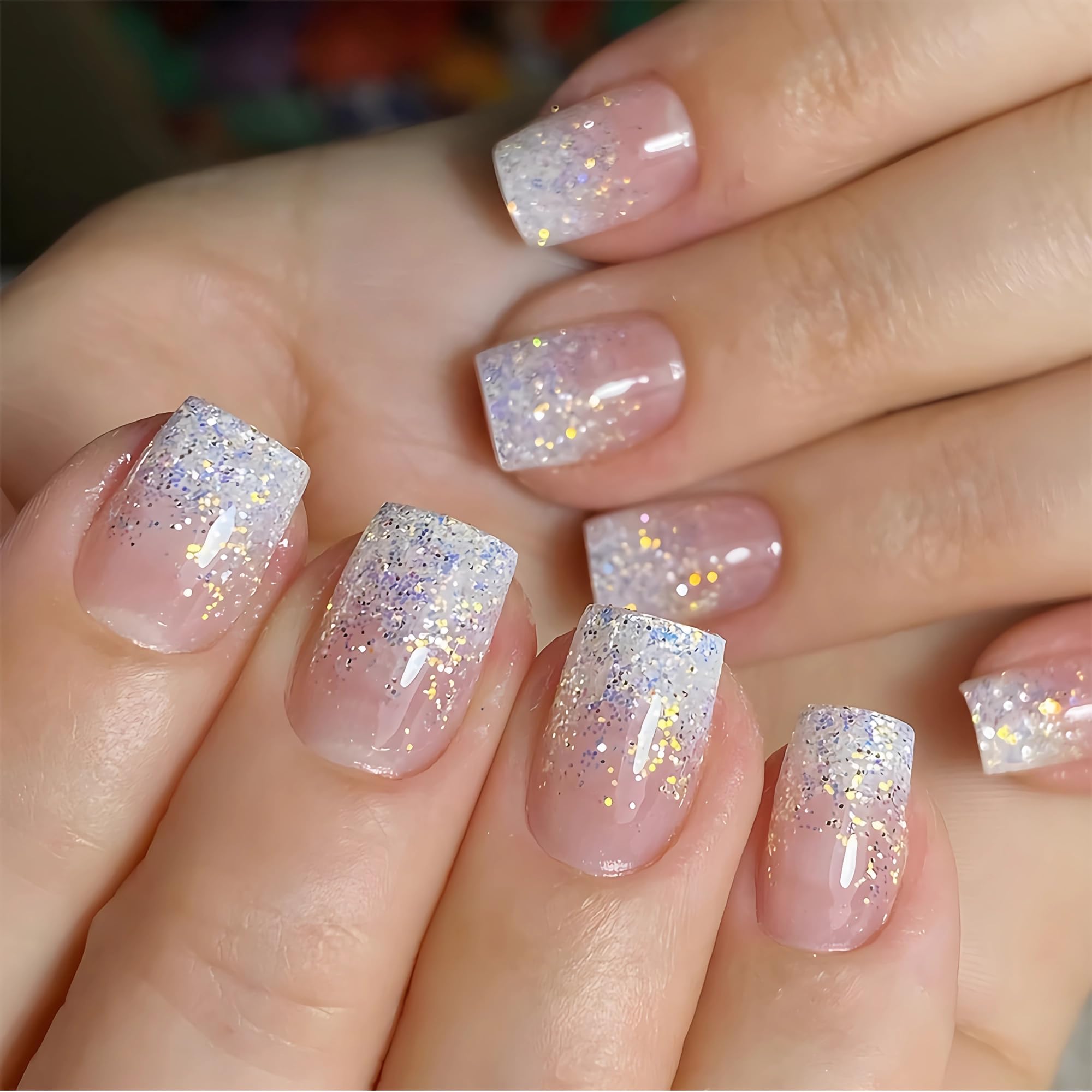 Photo 1 of BABALAL Press on Nails Short Square Fake Nails White Glitter Glue on Nails Bling Acrylic Nails 24Pcs Squoval Stick on Nails Full over Artificial Nails
