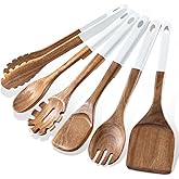 ROSOS Wooden Spoons For Cooking, 6 PCS Natural Acacia Wooden Cooking Utensils, Smooth Grip Wood Cooking Spoons with Hanging Hole, Non-Stick Wooden Utensil Set for Kitchen Essentials, White