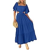 LEANI Women's 2025 Summer Cutout Maxi Dress Square Neck Short Sleeve Crossover Waist Casual Party Dresses
