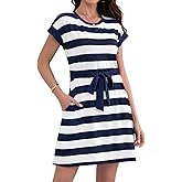 Wsheliu Women's Summer Dresses 2025 Striped Cap Sleeve T Shirt Crewneck Casual Dress A Line Tie Waist with Pockets