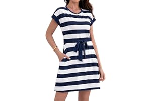 Wsheliu Women's Summer Dresses 2025 Striped Cap Sleeve T Shirt Crewneck Casual Dress A Line Tie Waist with Pockets