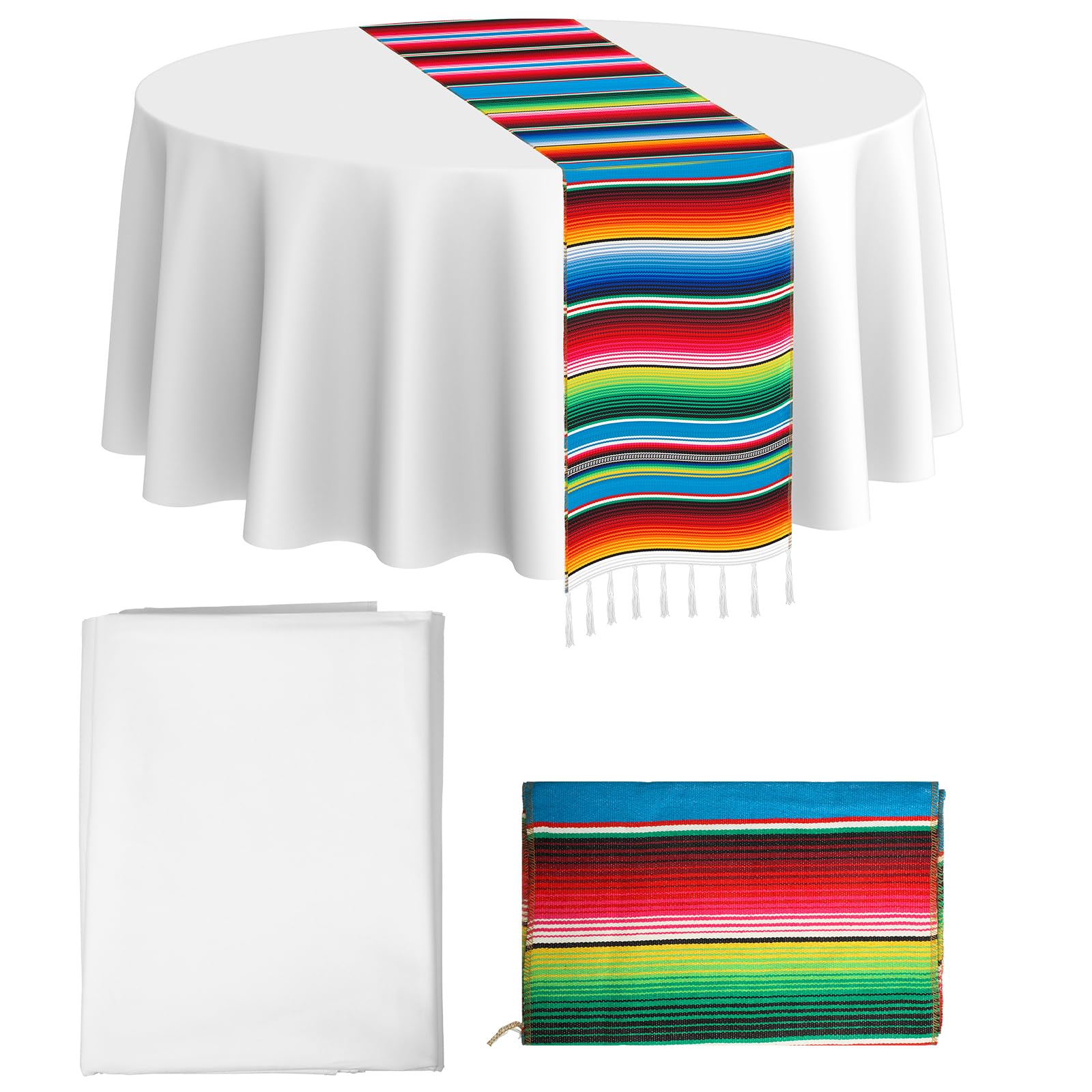 Photo 1 of *****HAS BEEN USED**Mexican Serape Tablecloth Table Runners 14 x 108 Inch Soft Cotton Tablecloth Mexican Theme Party Table Decorations for Fiesta Party Wedding Decor (White)