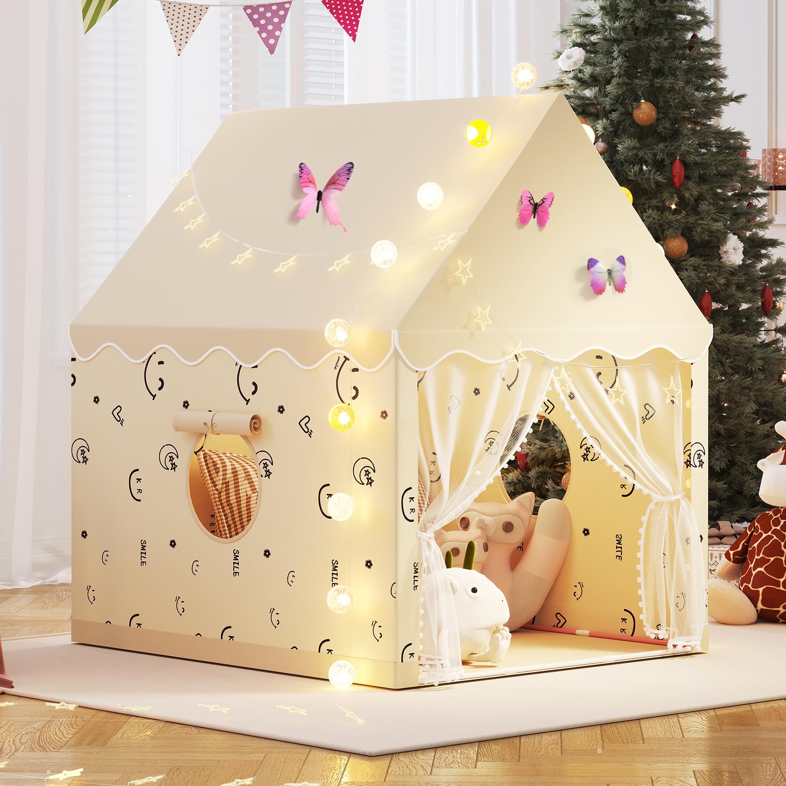 Photo 1 of Kids Play Tent, Princess Tent Indoor Playhouse Set with Star Lights, Ball Lights, Colorful Flags, Butterflies - Large Tents for Kids Toddle Castle for Girls Toy House Gift