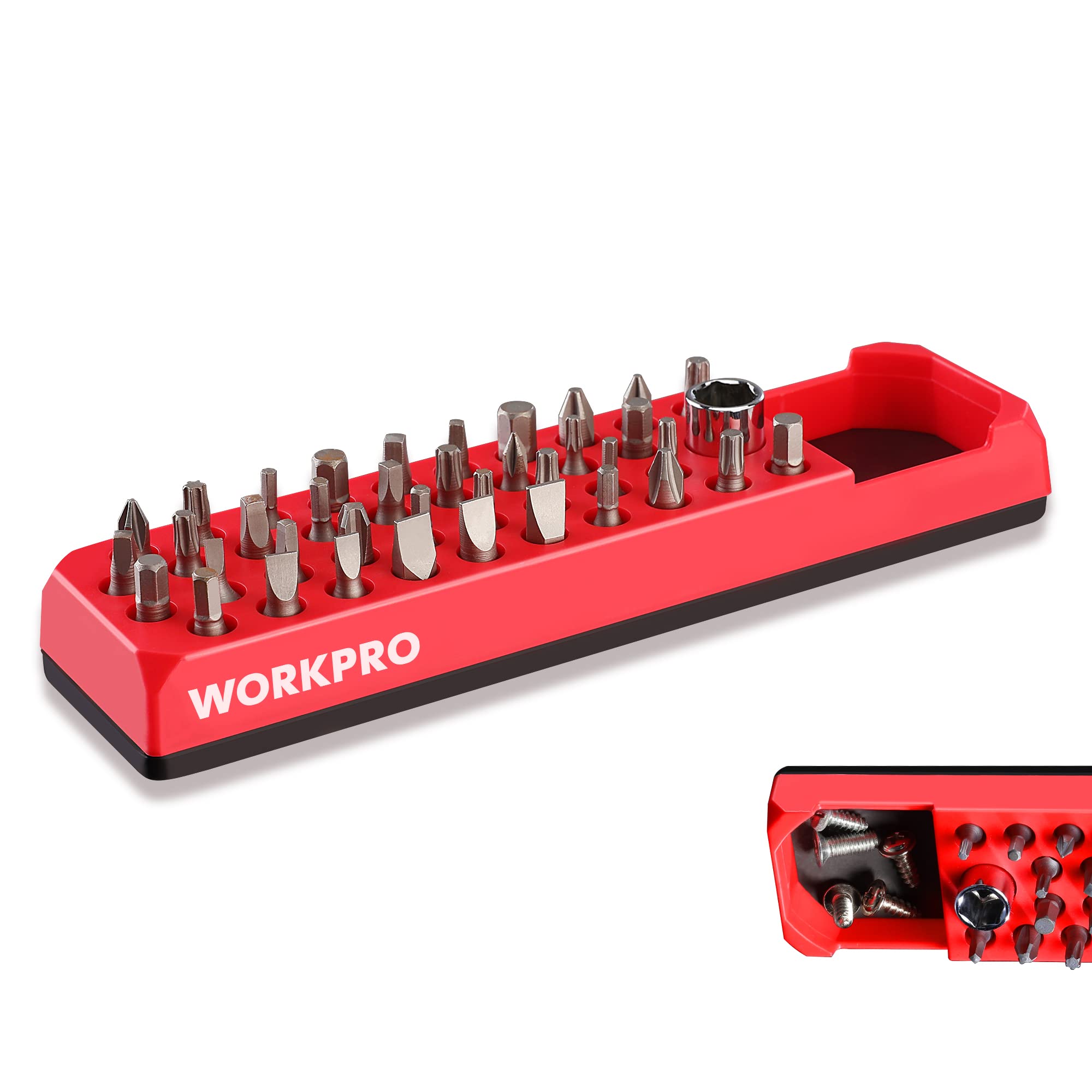 Photo 1 of WORKPRO Magnetic Hex Bit Organizer, 39 Hole Screwdriver Drill Bit Holder Tray with Strong Magnetic Base, Accessories Storage Grid, for 1/4 Inch Hex Bit & Drive Bit Adapter, Red (Bits Not Included)