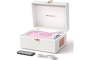 TANLANIN Vintage Desktop CD Player with Speakers, Rechargeable Battery, Portable Retro Suitcase CD Player for Home with Bluetooth Out & Input, USB Playback, AUX-in, Headphone Jack, White