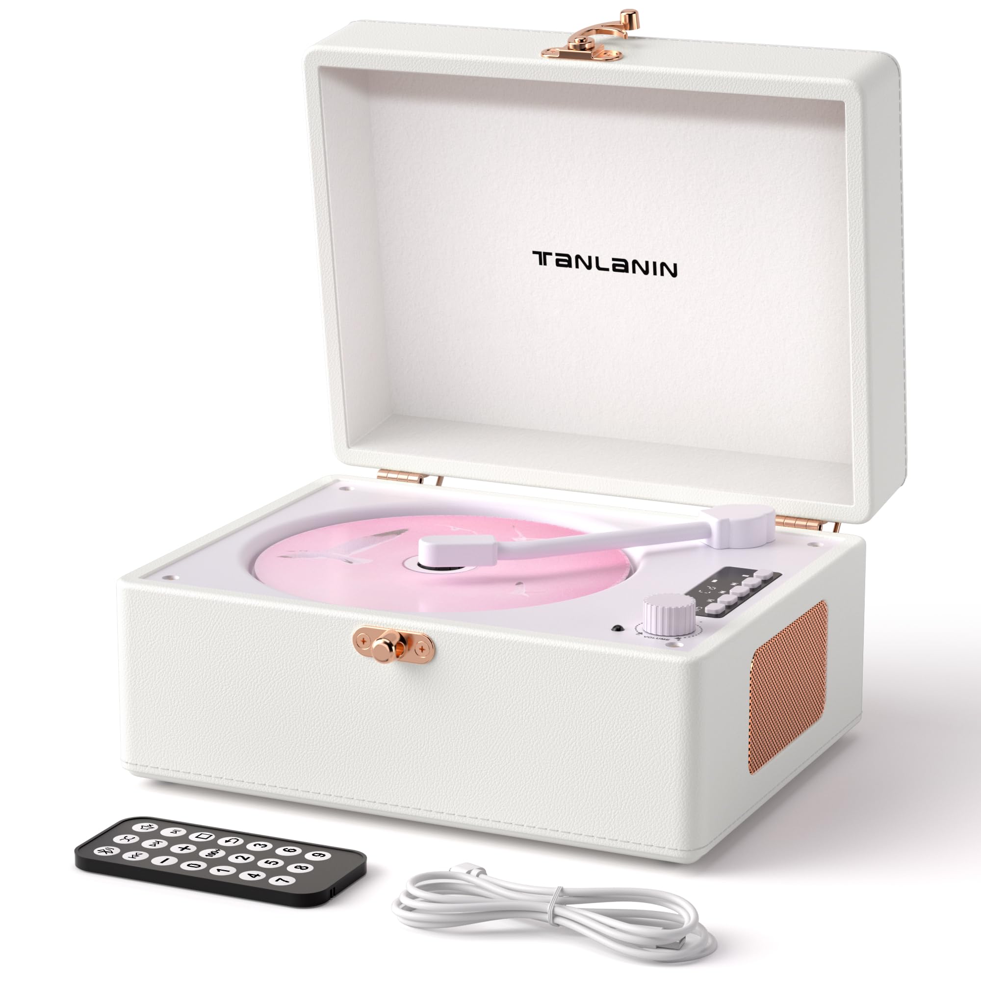 Photo 1 of Vintage Desktop CD Player with Speakers, Rechargeable Battery, Portable Retro Suitcase CD Player for Home with Bluetooth Out & Input, USB Playback, AUX-in, Headphone Jack, White