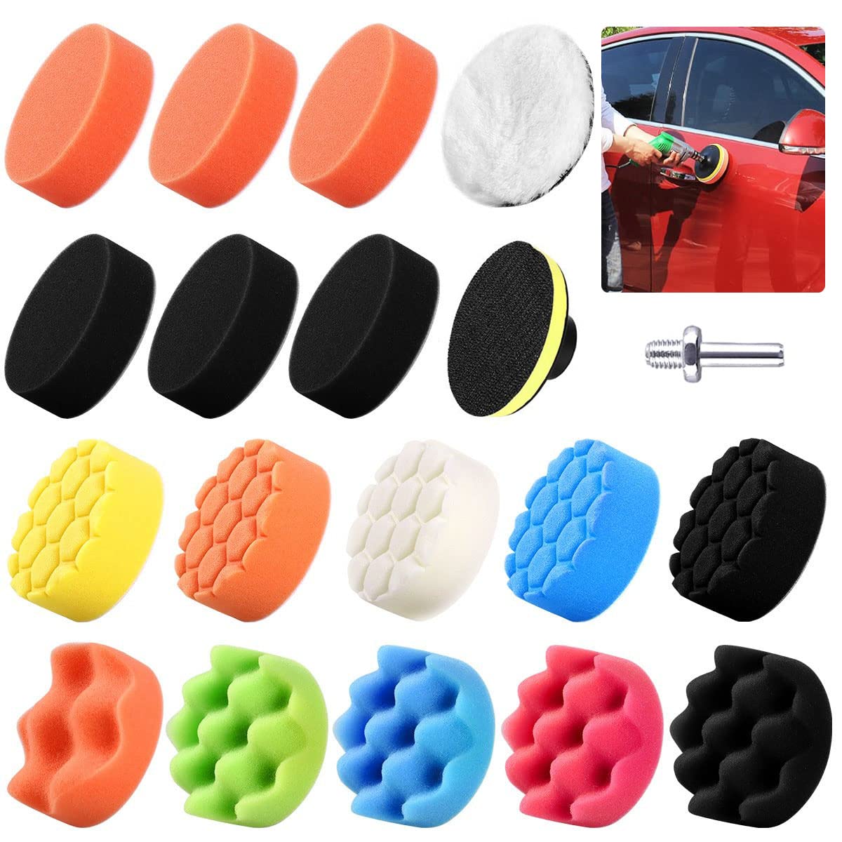 ACONDE Car Polishing Pads for Drill: 18 PACK 3 Inch Polishers and Buffers Buffing Kits with 1 Pack M10 Drill Adapter - Soft Buffing Pads for Car Polisher Sanding Waxing