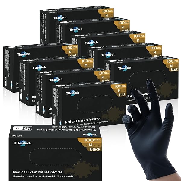 TITENTECH BLACK NITRILE GLOVES, 3.2MIL DISPOSABLE MEDICAL EXAM GLOVE LATEX&POWDER FREE, FOOD PREP, NON-STERILE 1000 COUNT MEDIUM