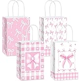 12 Pcs Pink Ribbon Bow Gift Bags with Handles, Plaid Kraft Paper Bags for Coquette-Style Birthday Party Favors, Baby Shower, Wedding, Girls Tea Party, Cute Pink Goodie Bag Bulk for Treats and Gifts