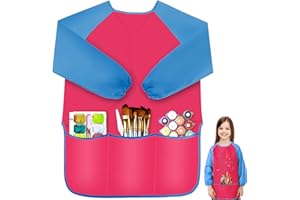 IKAYAS Kids Art Smock, Smocks for Kids Waterproof Long Sleeve Art Smocks for Kids 3-5, Rose Red Kids Paint Smock Artist Toddler Smock for Home Kindergarten Primary School Painting Supplies 3 Pockets