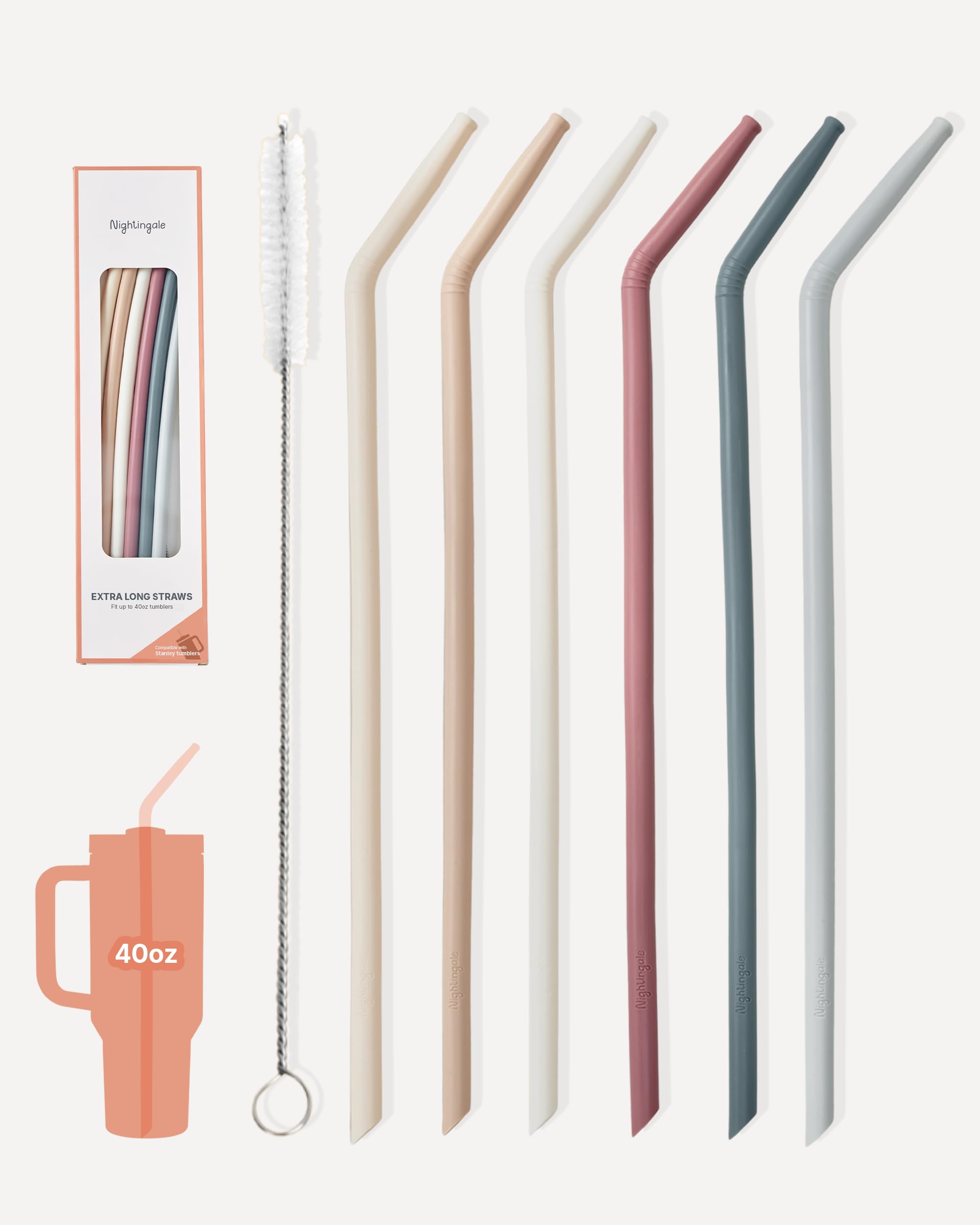 Photo 1 of Nightingale 14” Silicone Tumbler Straws - Compatible with Stanley 40 oz cup - Reusable Flexible Long Bendy Drinking Straw with Cleaning Brush for Tall Tumblers - Food-Safe - Set of 6 Oak