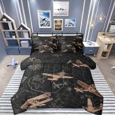 Feelyou Aircraft Comforter Set with Sheets 7 Piece Twin Size Airplane Print Bed in a Bag Kids Boys Girls Aircraft Flying Bedding Set Helicopter Flying Plane Bedroom Decor Black Breathable