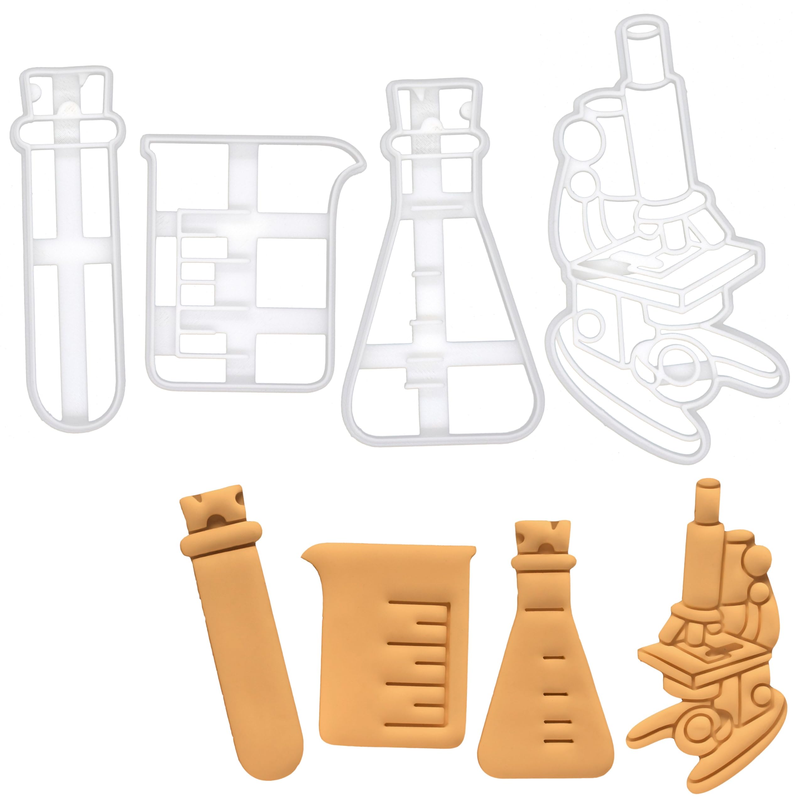 BAKERLOGY Set of 4 Laboratory Equipment cookie cutters (Designs: Beaker, Microscope, Test Tube, and Conical Flask) - Detailed Biscuit Cutter Design for Baking and Crafts, ideal on fondant, dough, clay