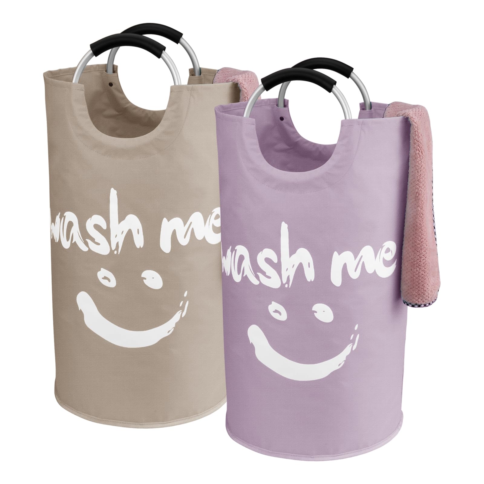IHOMAGIC Laundry Hamper with Smiley 95L, Foldable Laundry Basket with Soft Carrying Handle, Yoga Tool Organiser Bin, Fitness Equipment Storage Bag for Clothes Toys, Set of 2 Purple/Khaki