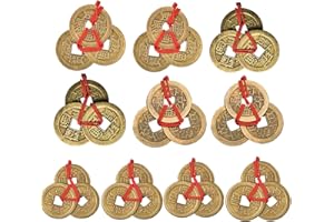 Dreamworth 10 Sets Chinese Fortune Coins Feng Shui Coins I-Ching Coins Traditional Coins with Red String for Wealth and Success