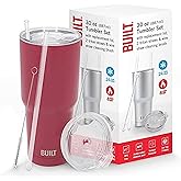 BUILT Double Walled Stainless Steel Tumbler Set with Replacement Lid, 2 Reusable Tritan Wire Straw Cleaning Brush in Gift Box, 30-ounces, Burgundy