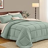 FUANNA Queen Comforter Set 7 Pieces, Reversible Bed in a Bag with All Season Soft Comforter, Bedding Sets Includes Comforter, Flat Sheet, Fitted Sheet, Pillowcases & Shams, Sage Green & Beige