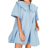 Wenrine Womens Summer Denim Mini Dress Oversized Peter Pan Collar Short Sleeve Casual Flowy Babydoll Jean Dresses