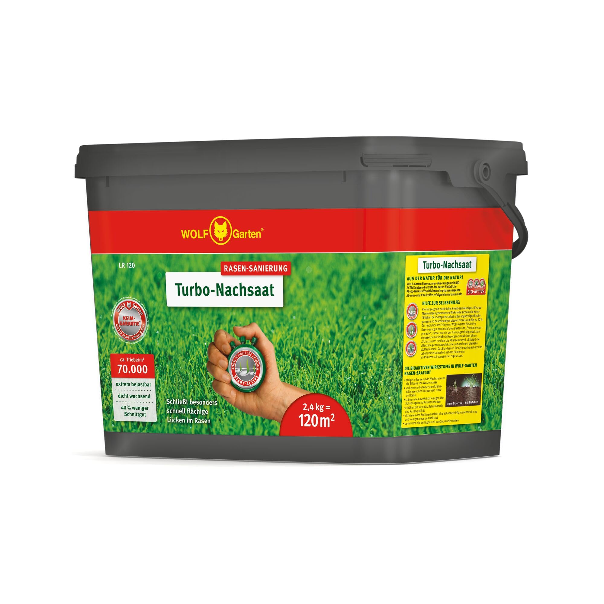 WOLF-Garten Turbo-Nachsaat zur Rasensanierung LR120 (für 120 m2, hohe Dichte mit ca. 70.000 Trieben/m2, für alle Rasentypen geeignet, mit WOLF-Garten Keimgarantie, im 2,4kg Karton) 3826042