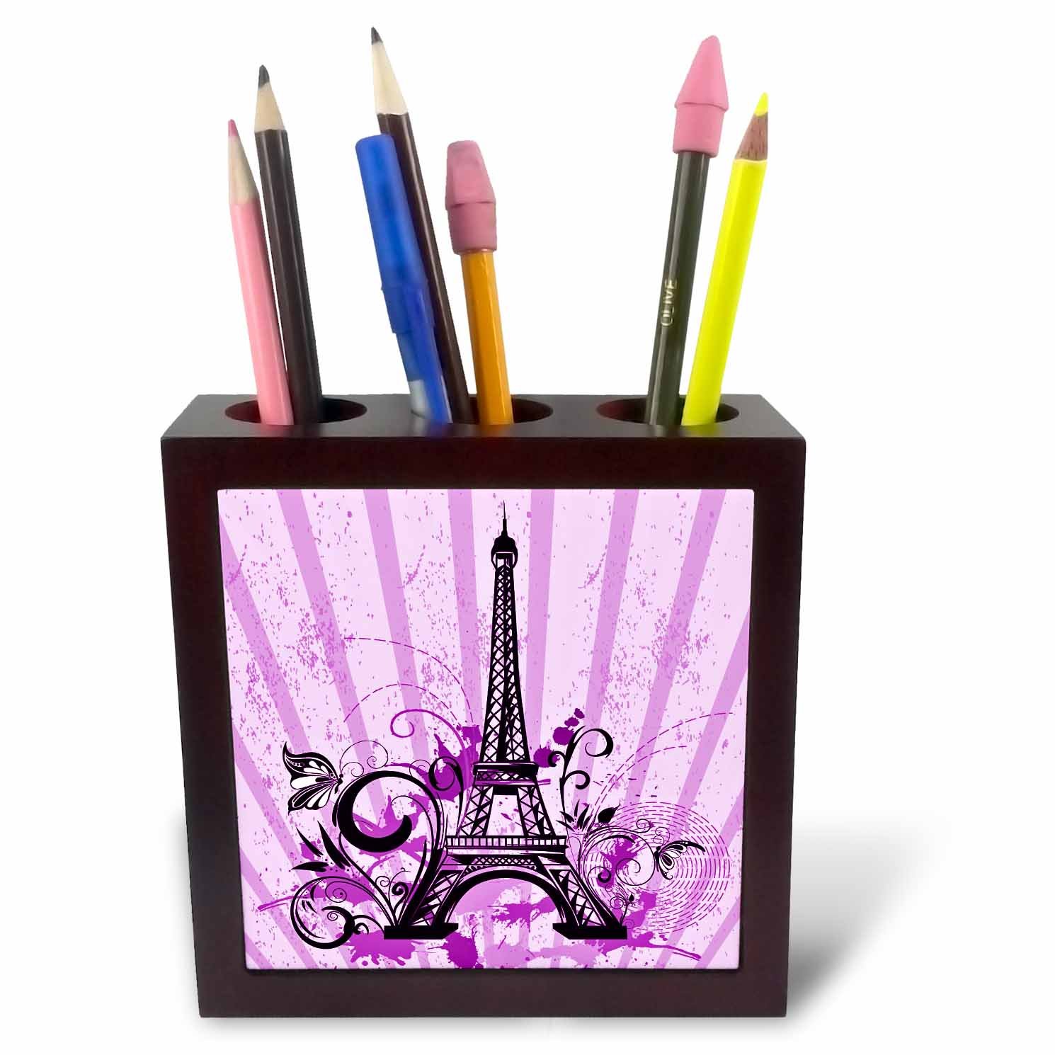 3dRose ph_217725_1 5-Inch "Eiffel Tower with Flourishes and Butterflies" Tile Pen Holder - Purple