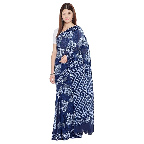 Finest Quality Cotton - Handmade Indigo Double Dabu print - Block Print Saree with Blouse Piece BAPASA0077