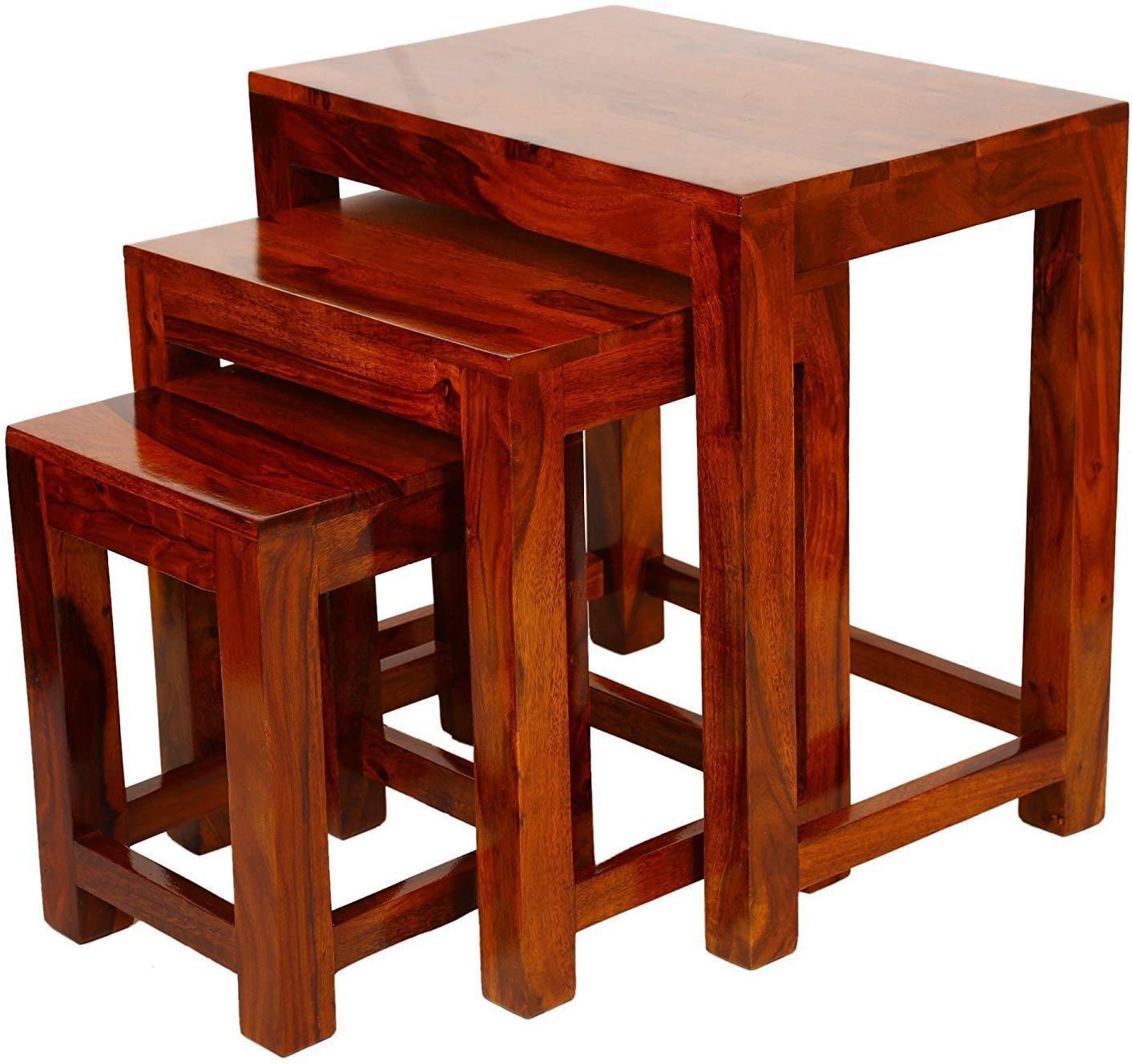 MODWAY Sheesham Wood Nesting Tables Set of 3 Stools Brown Finsih