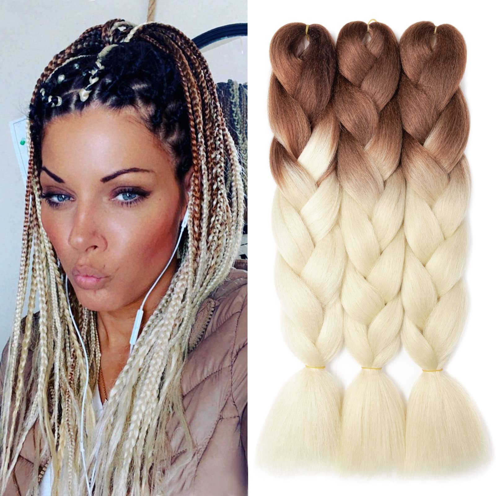 Gairyan Braiding Hair Extensions Ombre Jumbo Braids Synthetic Hair 3 Packs 24 inches 300g Coloured Hair for Braiding Extensions Box Braids Crochet Twist (Brown-Beige) โ image 1