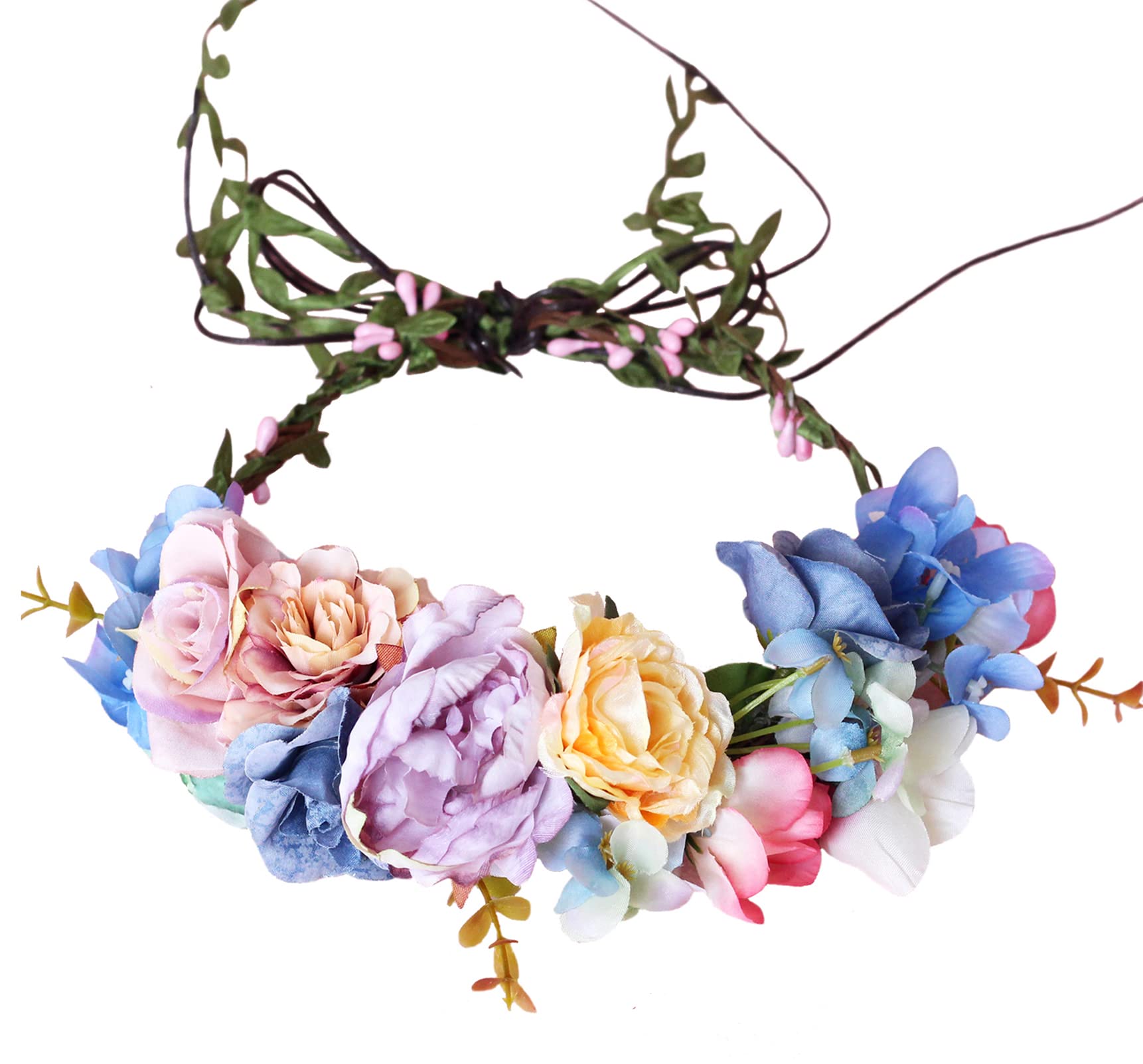 Brikuinr Floral Wreath Headband Flower Wreath Crown Hair Wreath Hair Garland Flower Halo Floral Headpiece Boho with Ribbon Wedding Party Festival — image 1