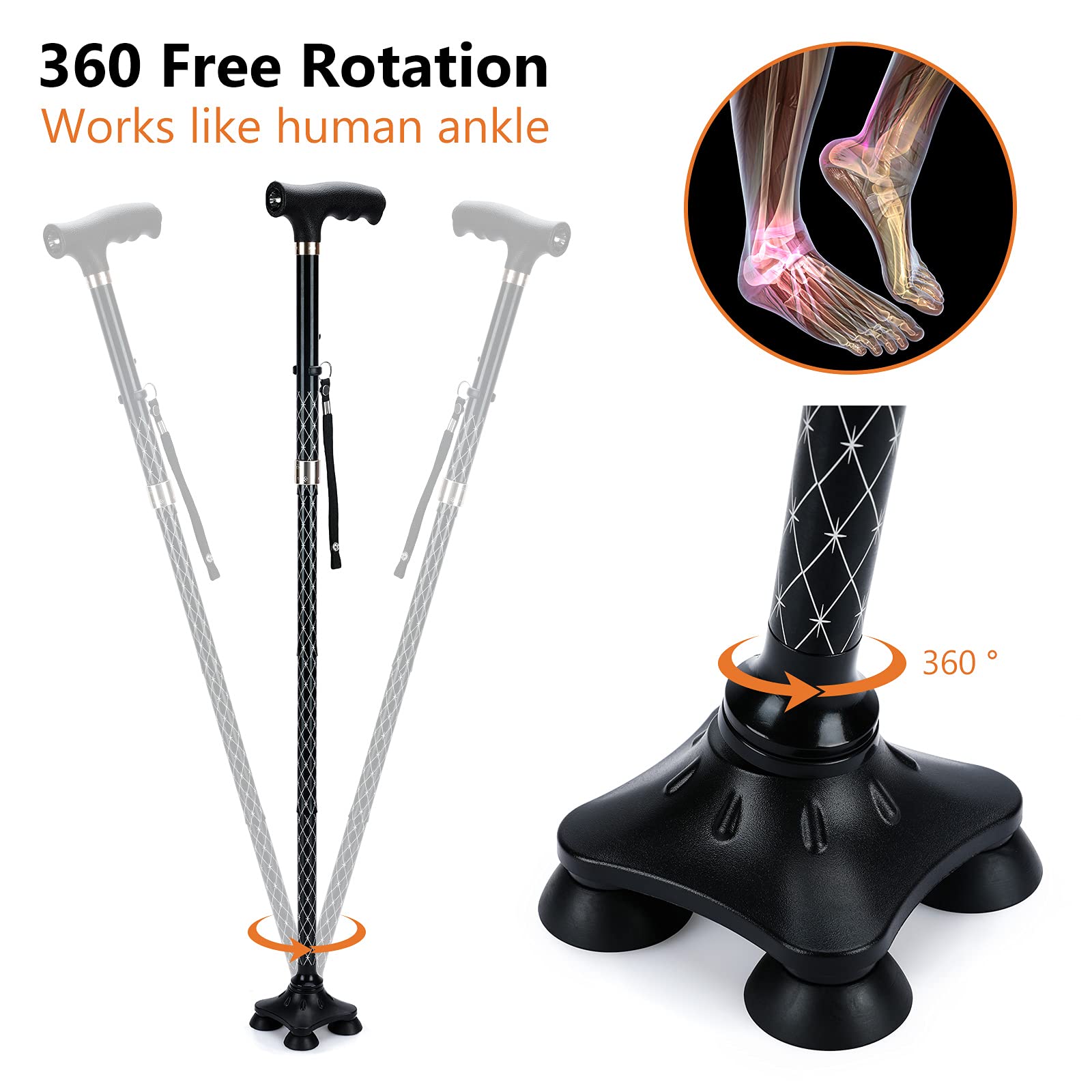 Folding Walking Cane with LED Light for Women & Men - Foldable, Adjustable, Collapsible Lightweight Aluminum Walking Stick for Seniors & Adults