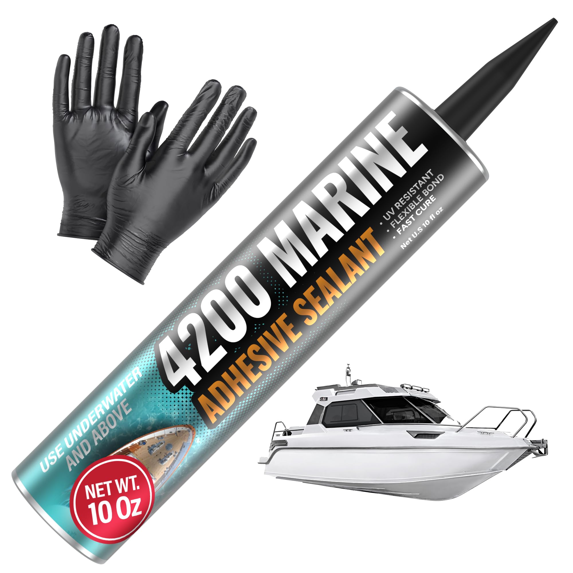 Photo 1 of 4000/4200 Marine Sealant - Fast-Cure, High-Bond, UV-Resistant Underwater Marine Adhesive Sealant for Boats, Hulls, Decks, and RVs - with Gloves, Nozzle, White 10 oz