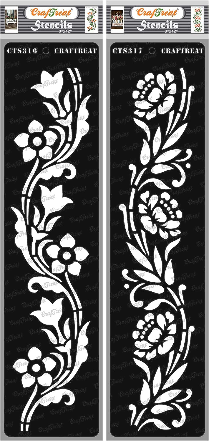 CrafTreat Reusable Floral Border Stencils for Painting on Wood, Canvas, Paper, Fabric, Floor, Wall and Tile - Border12 and Border13-2 Pcs - 3x12 Inch Each - DIY Art and Craft Stencils for Borders
