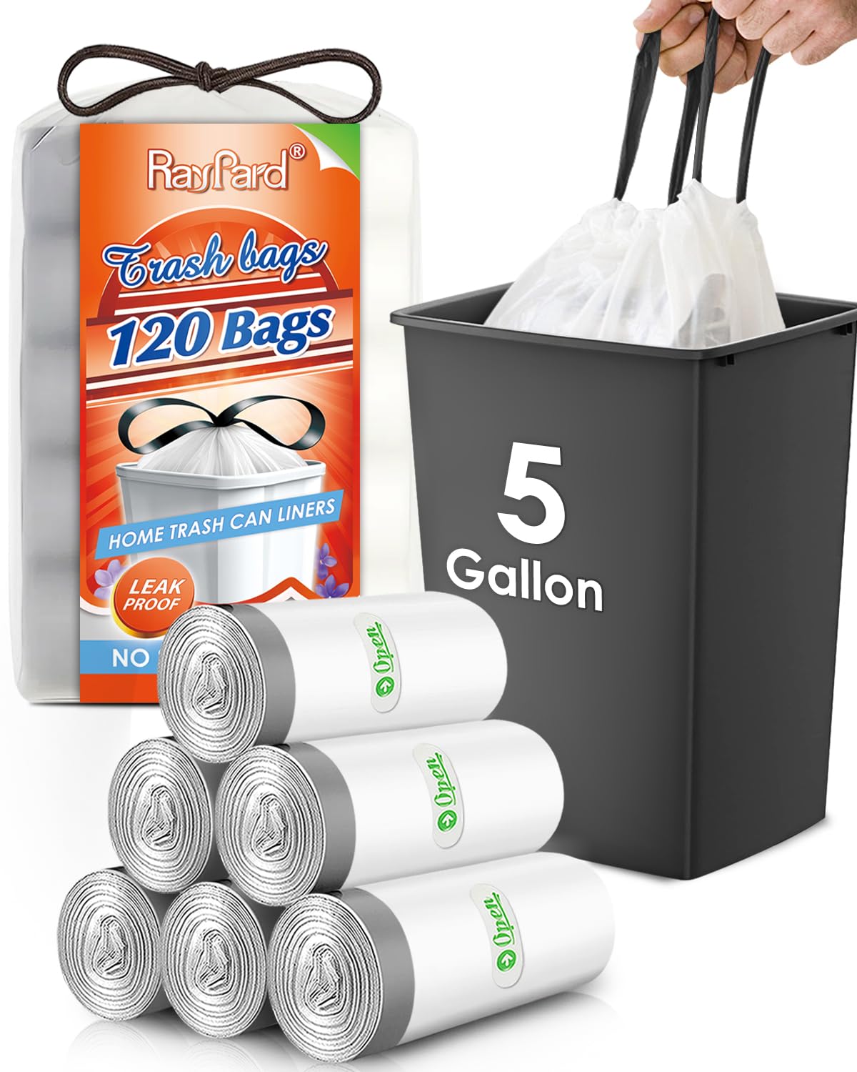 Photo 1 of 5 Gallon 120 Counts Strong Drawstring Trash Bags Garbage Bags by RayPard, Small Plastic Trash Bags fit 18-20L Trash Can for Home Office Kitchen Bathroom Bedroom, White Waste Basket Liners