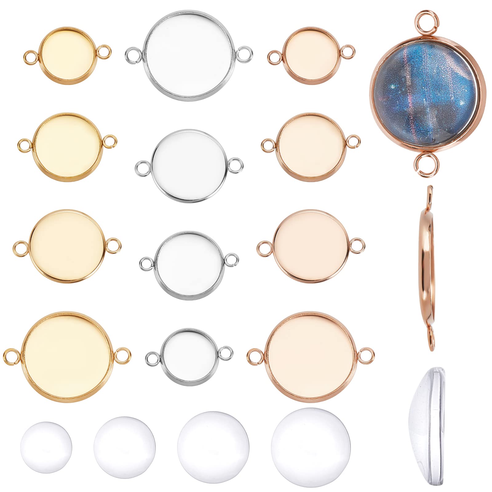 SUNNYCLUE 1 Box 48Pcs Stainless Steel Cabochon Settings Kit 4 Sizes Bezel Tray Connectors with Double Loop Flat Round Links Connector & 4 Sizes Transparent Glass Cabochons for Jewellery Making