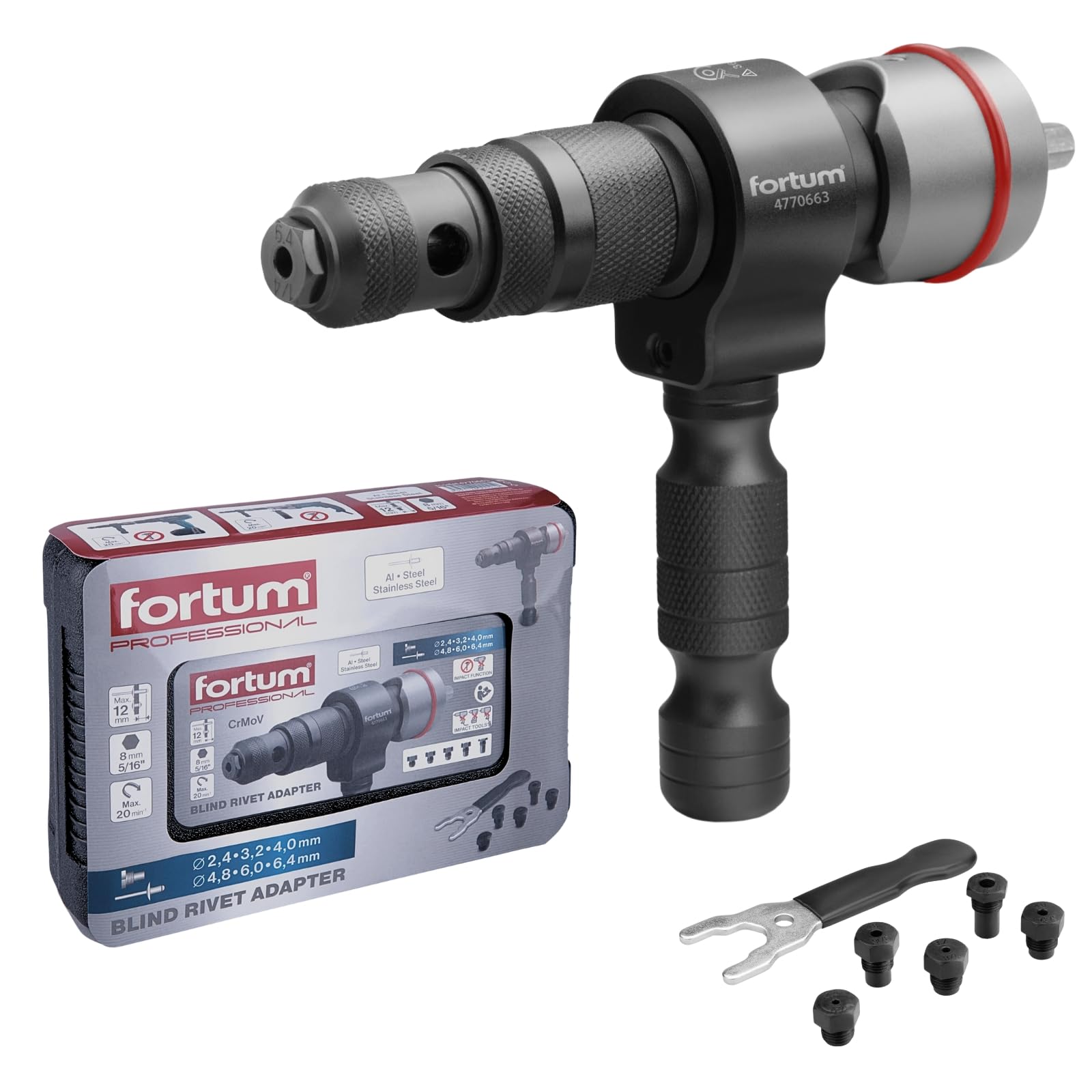 Fortum rivet attachment for cordless screwdriver & drill I Riveter for blind rivets made of aluminium, copper, steel & stainless steel I Blind rivet attachment for 2.4-6.4mm rivets I Rivet gun adapter