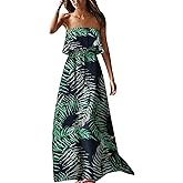 ZMPSIISA Women's Summer Off The Shoulder Maxi Dress Ruffle Strapless Blue White Porcelain Boho Casual Loose Long Dresses