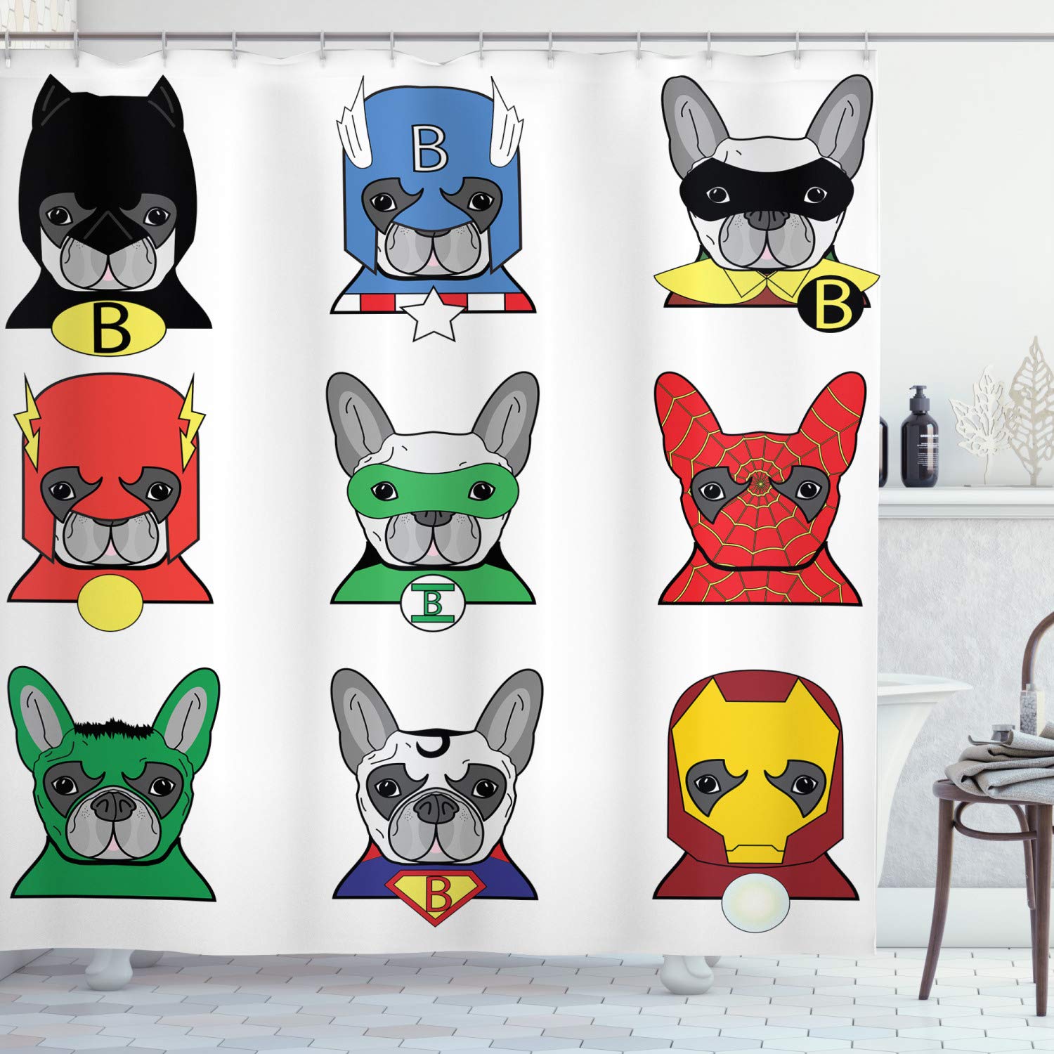 ABAKUHAUS Superhero Shower Curtain, Bulldog Superheroes Fun Cartoon Puppies in Disguise Costume Dogs Print, Cloth Fabric Bathroom Decor Set with Hooks, 70 Inches, White Multicolor — image 1
