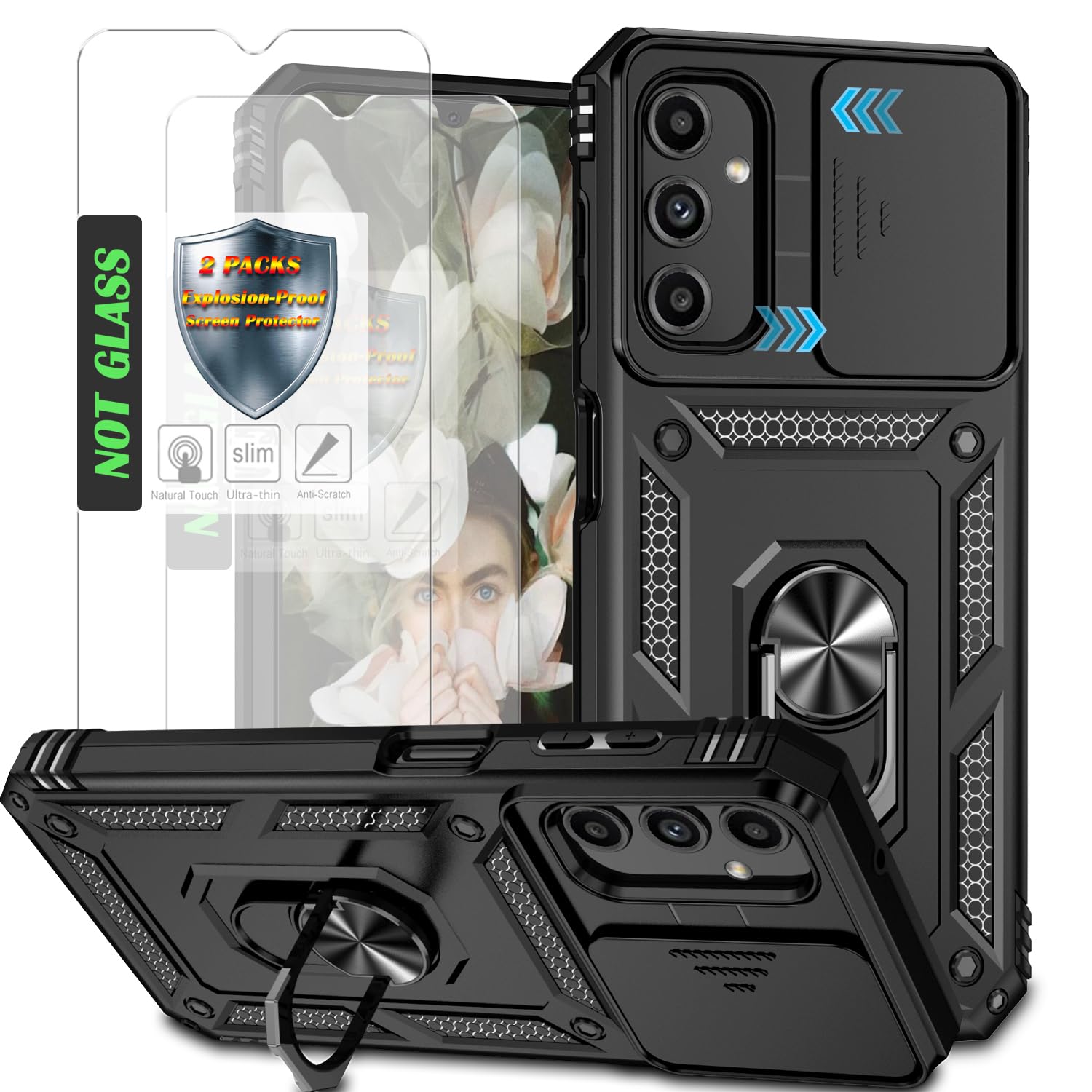 Photo 1 of AYMECL for A14 5G Phone Case, Galaxy A14 Case, Samsung A14 5G Case with 2 Pcs Explosion-Proof Film, Slide Camera Cover Protective Case with Magnetic Ring Kickstand for Samsung Galaxy A14 5G,Black