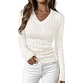 PRETTYGARDEN V Neck Cable Knit Sweaters for Women 2025 Long Sleeve Ribbed Fitted Pullover Tops Business Casual Fall Outfits
