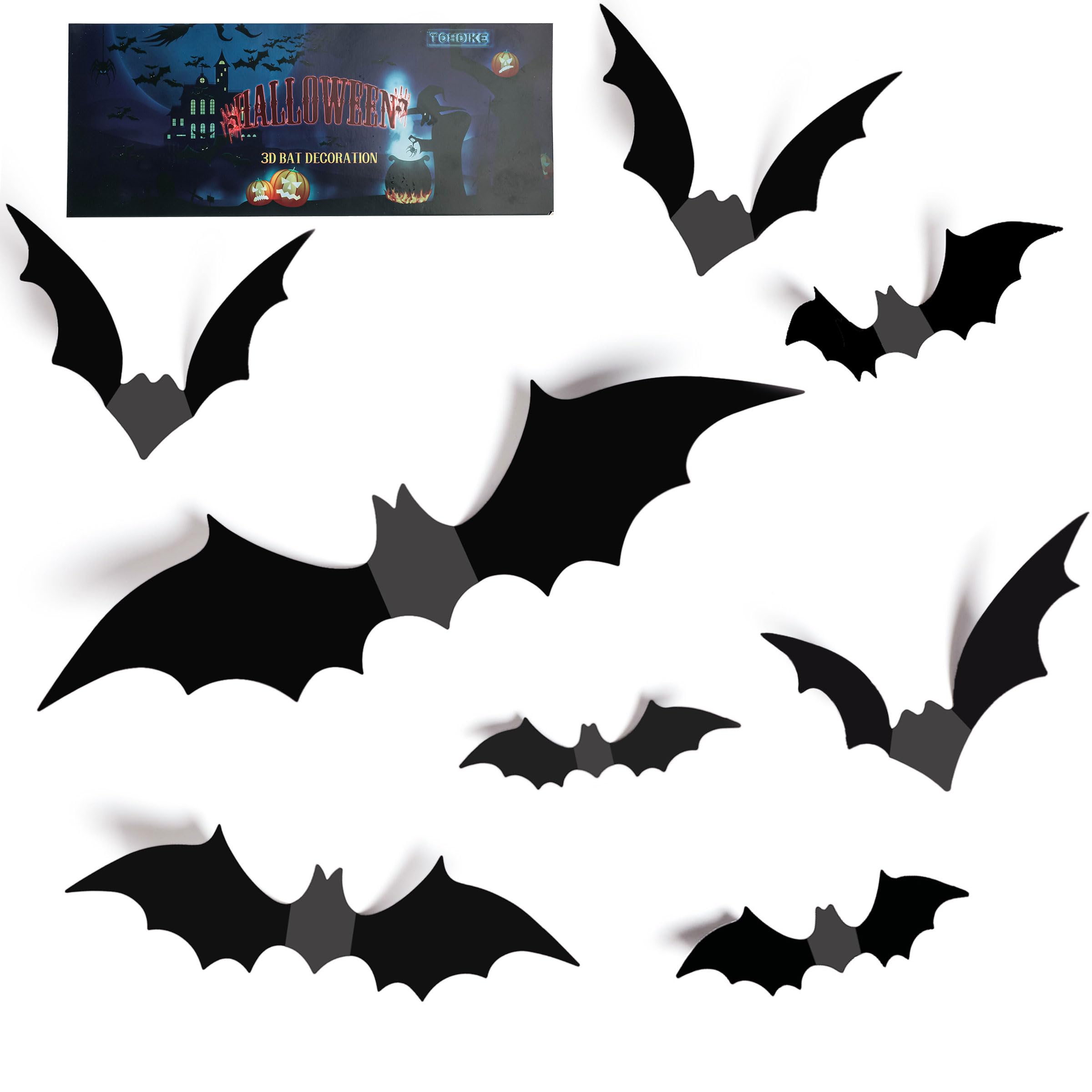 Photo 1 of TDHDIKE Halloween Decorations Bats Wall Decor Halloween Party Decorations Indoor Outdoor Decor Supplies, 64 Pcs Reusable PVC 3D Black Bats Stickers for Creepy Home Bathroom Decor