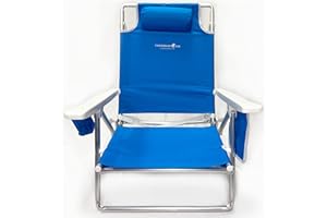 CARIBBEAN JOE Folding Beach Chair, 5 Position Lightweight, Portable Reclining Outdoor Camping Chair with Headrest, Shoulder Strap, and Cup Holder, Blue