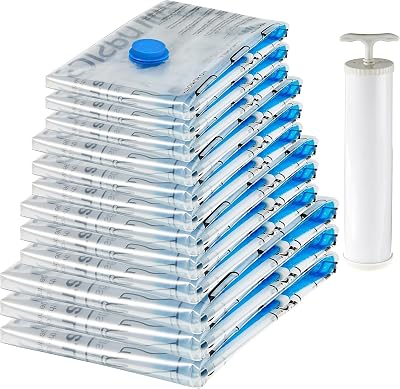 bolsas de vacío para almacenamiento, incluyen boca para aspirador, 12 Unidad, 3 extragrandes, 3 grandes, 3 medianas y 3 pequeñas, Cremallera, Blanco