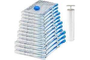 Amazon Basics Vacuum Compression Space Saving Storage Bags with Hand Pump for Travel, Multiple Sizes for Clothes and Blankets, Clear, 12 Pack (3 Small, 3 Medium, 3 Large & 3 Jumbo)